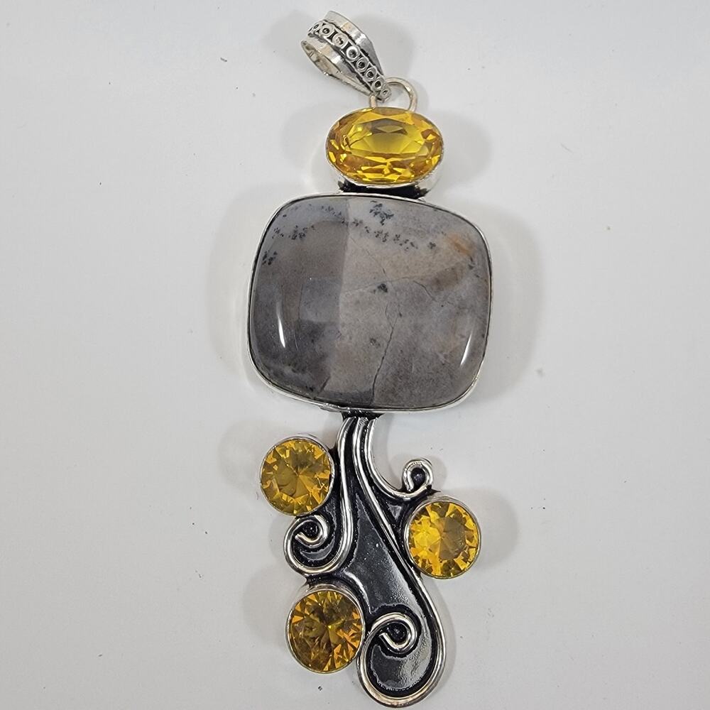 Handmade Silver Pendant with Dendritic Opal and Faceted Citrine Accents
